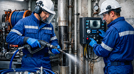 Operai che disincrostano le tubazioni